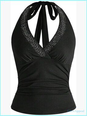 Women's Rhinestone Halter Crop Top Sleeveless Backless Ruched Party Club Outfit